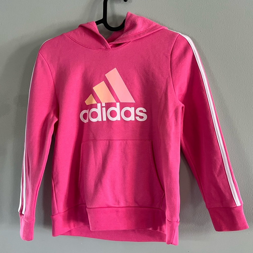Adidas Kids Bright Pink Hoodie with White Stripes
